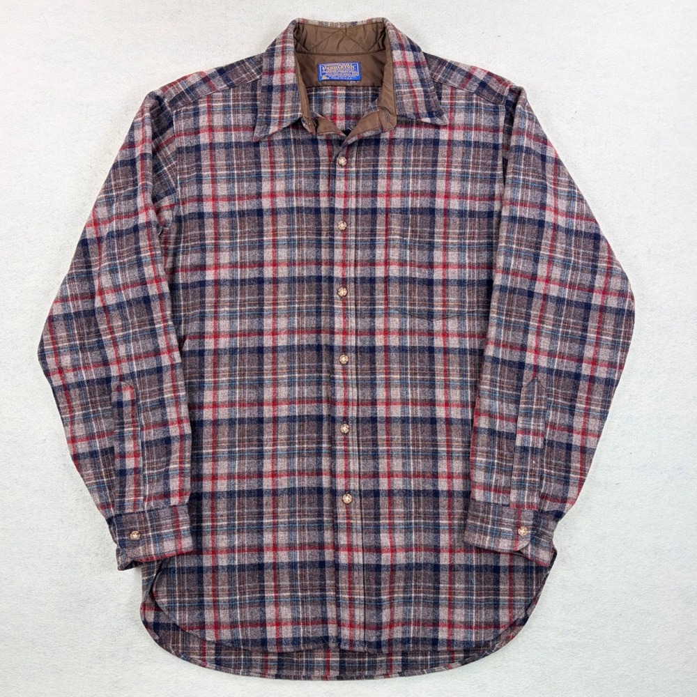 Vintage Pendleton Board Shirt Mens Medium Brown Red Plaid 100% Virgin Wool USA